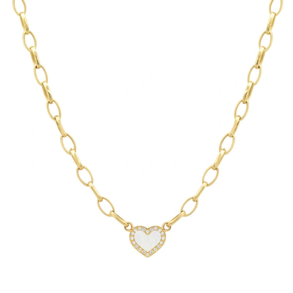 Jennifer Meyer Small Edith Link Necklace with Mother of Pearl Inlay Heart with Diamonds in 18K Yellow Gold | Fine Necklaces | Coveti