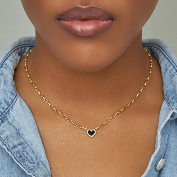 Jennifer Meyer Small Edith Link Necklace with Onyx Inlay Heart with Diamonds in 18K Yellow Gold | Fine Necklaces | Coveti