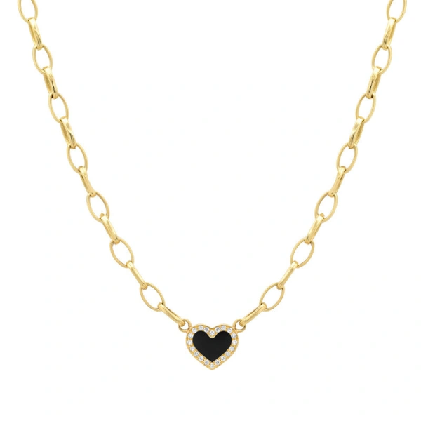Jennifer Meyer Small Edith Link Necklace with Onyx Inlay Heart with Diamonds in 18K Yellow Gold | Fine Necklaces | Coveti