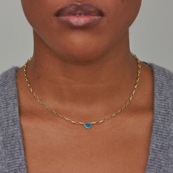 Jennifer Meyer Small Edith Link Necklace with Opal Inlay Heart in 18K Yellow Gold | Fine Necklaces | Coveti