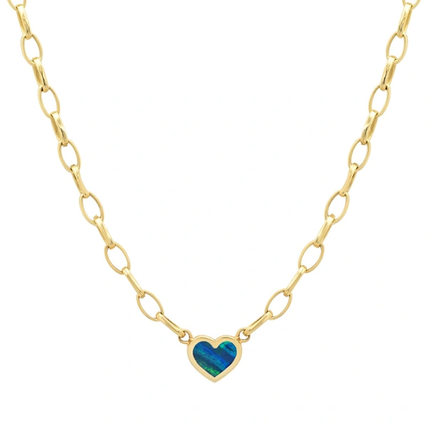 Jennifer Meyer Small Edith Link Necklace with Opal Inlay Heart in 18K Yellow Gold | Fine Necklaces | Coveti