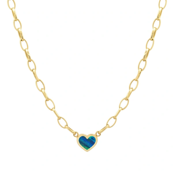 Jennifer Meyer Small Edith Link Necklace with Opal Inlay Heart in 18K Yellow Gold | Fine Necklaces | Coveti