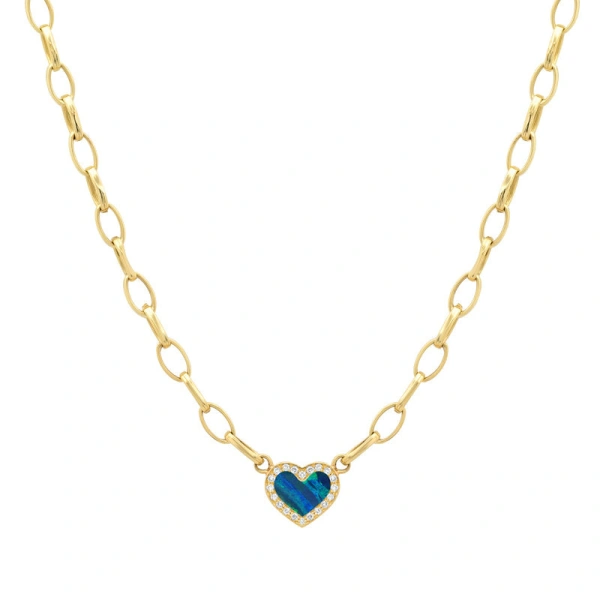 Jennifer Meyer Small Edith Link Necklace with Opal Inlay Heart with Diamonds in 18K Yellow Gold | Fine Necklaces | Coveti