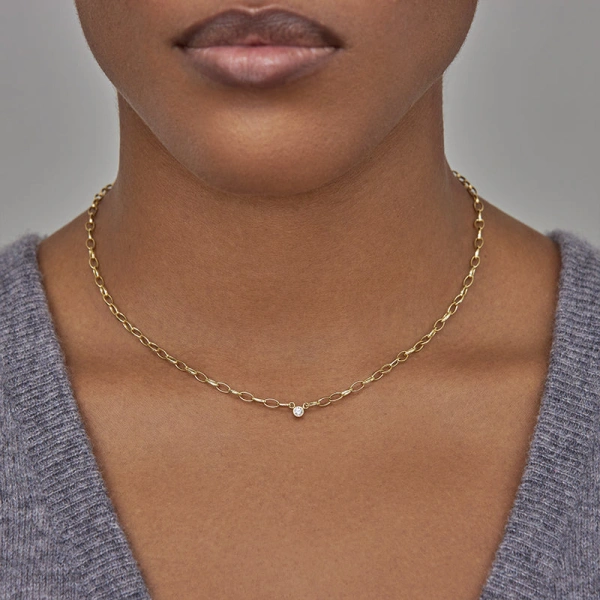 Jennifer Meyer Small Edith Link Necklace with Single Diamond Bezel Accent in 18K Yellow Gold | Fine Necklaces | Coveti