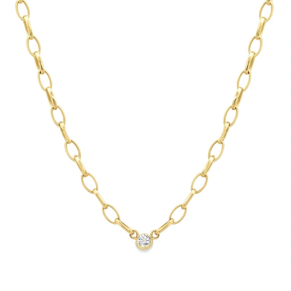 Small Edith Link Necklace with Single Diamond Bezel Accent in 18K Yellow Gold