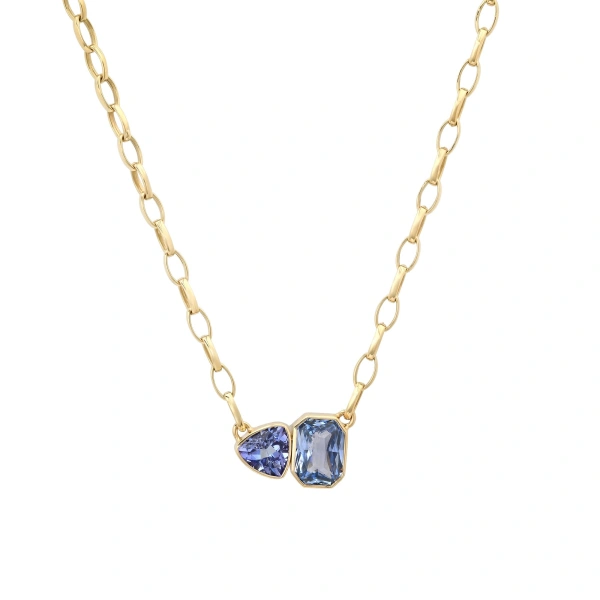 Jennifer Meyer Small Edith Link Necklace with Tanzanite and Sapphire Mosaic in 18K Yellow Gold | Fine Necklaces | Coveti
