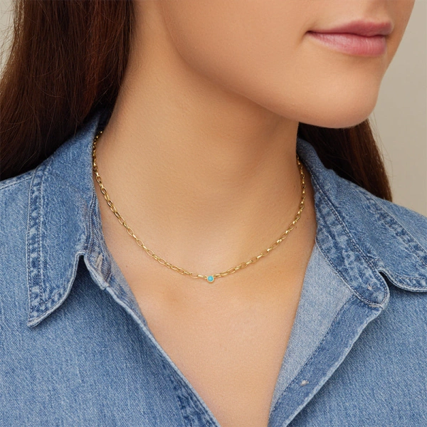 Jennifer Meyer Small Edith Link Necklace with Turquoise Bezel Accent in 18K Yellow Gold | Fine Necklaces | Coveti