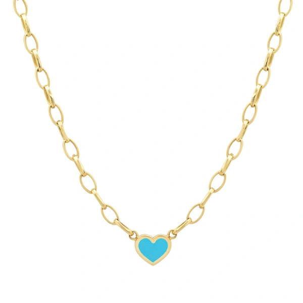 Jennifer Meyer Small Edith Link Necklace with Turquoise Inlay Heart in 18K Yellow Gold | Fine Necklaces | Coveti