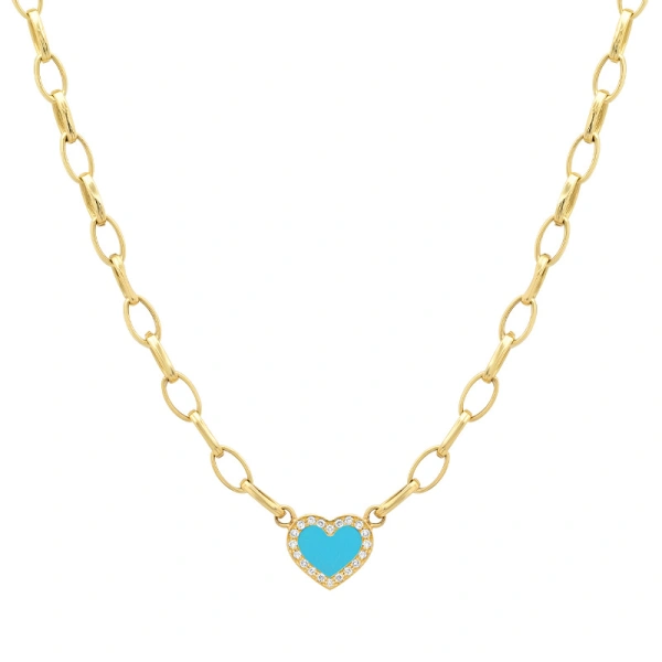 Jennifer Meyer Small Edith Link Necklace with Turquoise Inlay Heart with Diamonds in 18K Yellow Gold | Fine Necklaces | Coveti