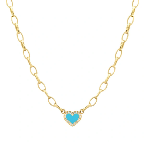Jennifer Meyer Small Edith Link Necklace with Turquoise Inlay Heart with Diamonds in 18K Yellow Gold | Fine Necklaces | Coveti