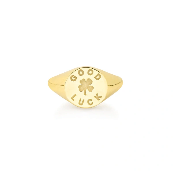 Jennifer Meyer Small Good Luck & Clover Sentiment Signet Ring in 18K Yellow Gold | Fine Rings | Coveti