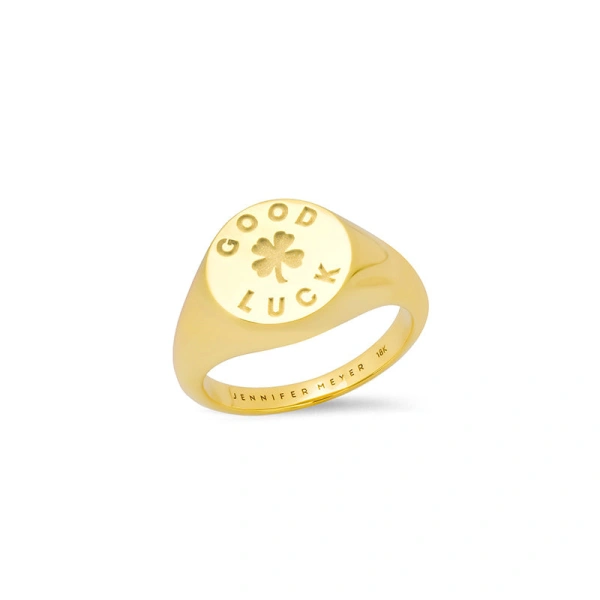 Jennifer Meyer Small Good Luck & Clover Sentiment Signet Ring in 18K Yellow Gold | Fine Rings | Coveti