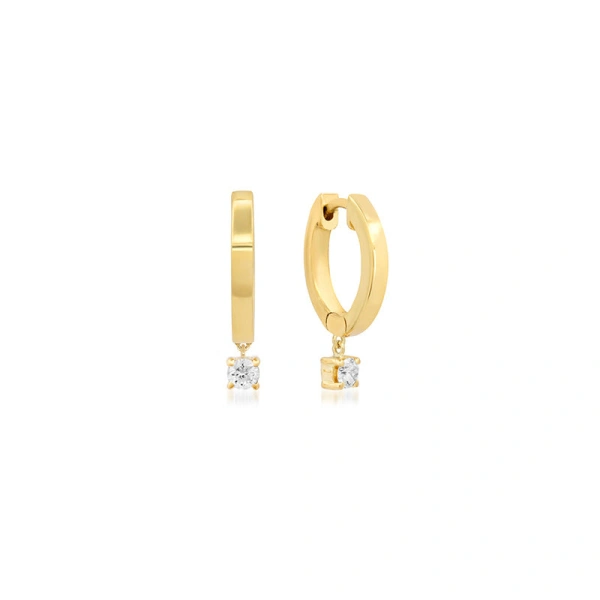 Jennifer Meyer Small Huggies with 4 Prong Set Diamond Drop in 18K Yellow Gold | Fine Earrings | Coveti
