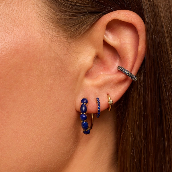 Jennifer Meyer Small Lapis Mosaic Hoops in 18K Yellow Gold | Fine Earrings | Coveti