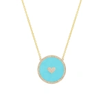 Jennifer Meyer Small Turquoise Inlay Circle Necklace with Diamond and Heart Detail in 18K Yellow Gold | Fine Necklaces | Coveti