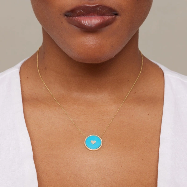 Jennifer Meyer Small Turquoise Inlay Circle Necklace with Diamond and Heart Detail in 18K Yellow Gold | Fine Necklaces | Coveti