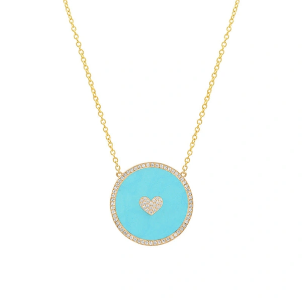 Jennifer Meyer Small Turquoise Inlay Circle Necklace with Diamond and Heart Detail in 18K Yellow Gold | Fine Necklaces | Coveti