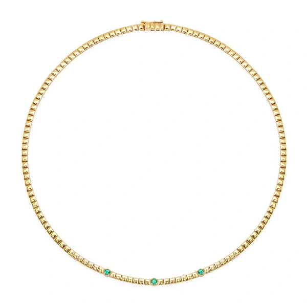 Jennifer Meyer Square Tennis Necklace with 3 Illusion Set Emerald Accents in 18K Yellow Gold | Fine Necklaces | Coveti