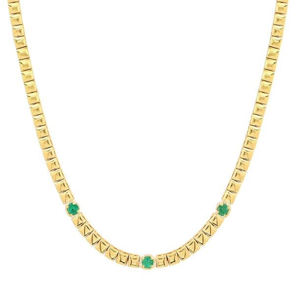 Square Tennis Necklace with 3 Illusion Set Emerald Accents in 18K Yellow Gold