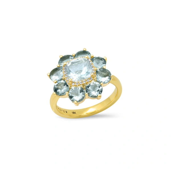 Statement Aquamarine Flower Ring with Diamond Accent in 18K Yellow Gold