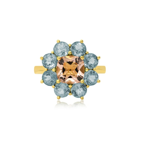 Jennifer Meyer Statement Aquamarine Flower Ring with Morganite Center in 18K Yellow Gold | Fine Rings | Coveti