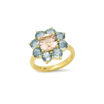 Jennifer Meyer Statement Aquamarine Flower Ring with Morganite Center in 18K Yellow Gold | Fine Rings | Coveti