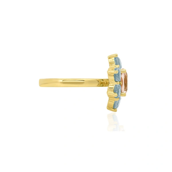 Jennifer Meyer Statement Aquamarine Flower Ring with Morganite Center in 18K Yellow Gold | Fine Rings | Coveti