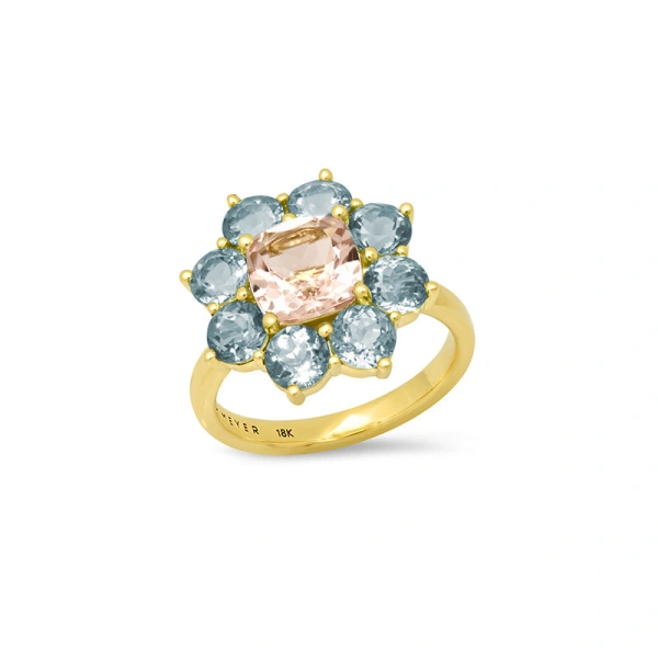 Statement Aquamarine Flower Ring with Morganite Center in 18K Yellow Gold