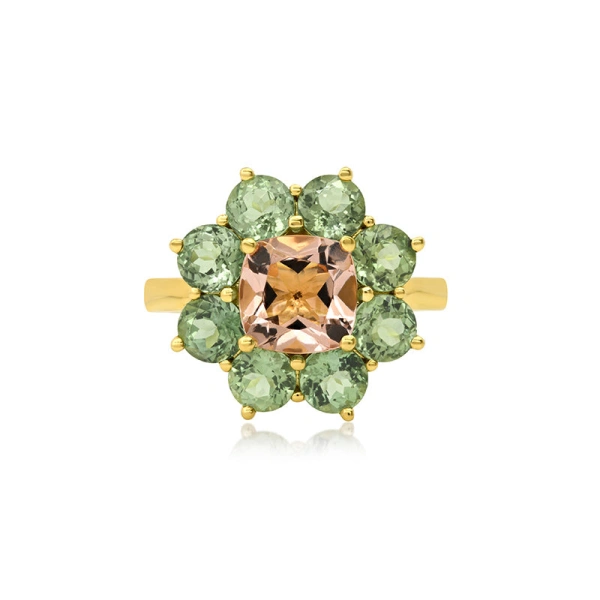 Jennifer Meyer Statement Mint Tourmaline Flower Ring With Morganite Center in 18K Yellow Gold | Fine Rings | Coveti