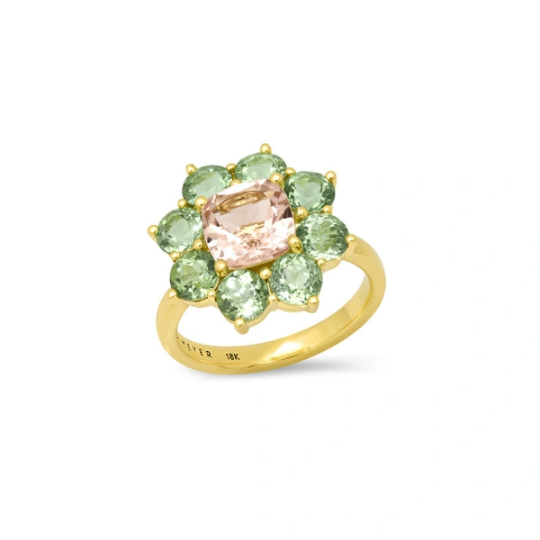 Jennifer Meyer Statement Mint Tourmaline Flower Ring With Morganite Center in 18K Yellow Gold | Fine Rings | Coveti