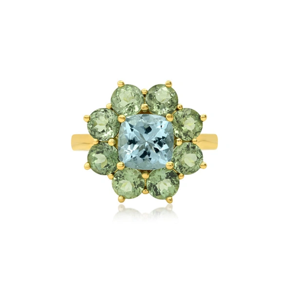Jennifer Meyer Statement Mint Tourmaline Flower Ring with Aquamarine Center in 18K Yellow Gold | Fine Rings | Coveti