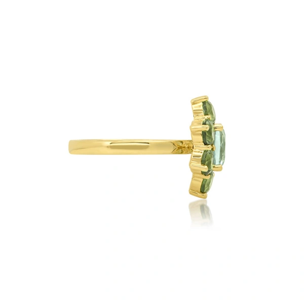 Jennifer Meyer Statement Mint Tourmaline Flower Ring with Aquamarine Center in 18K Yellow Gold | Fine Rings | Coveti