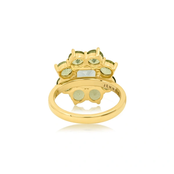 Jennifer Meyer Statement Mint Tourmaline Flower Ring with Aquamarine Center in 18K Yellow Gold | Fine Rings | Coveti