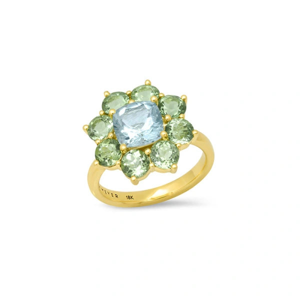 Jennifer Meyer Statement Mint Tourmaline Flower Ring with Aquamarine Center in 18K Yellow Gold | Fine Rings | Coveti