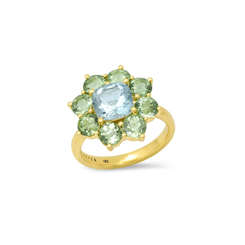 Jennifer Meyer Statement Mint Tourmaline Flower Ring with Aquamarine Center in 18K Yellow Gold Jennifer Meyer Statement Mint Tourmaline Flower Ring with Aquamarine Center in 18K Yellow Gold | Fine Rings | Coveti