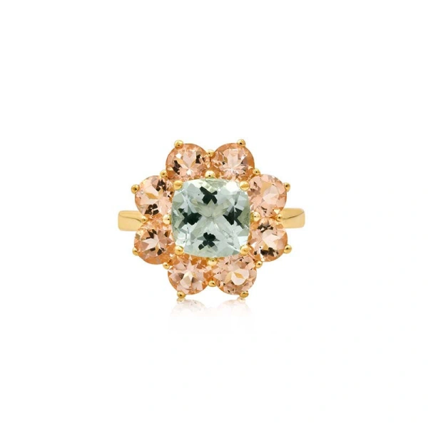 Jennifer Meyer Statement Morganite Flower Ring with Aquamarine Center in 18K Yellow Gold | Fine Rings | Coveti