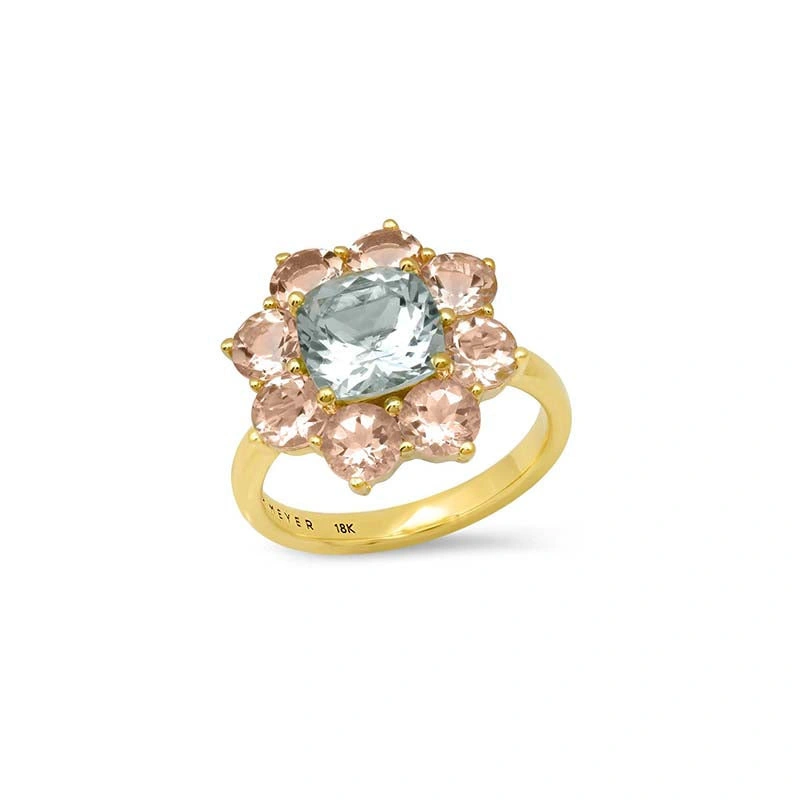 Jennifer Meyer Statement Morganite Flower Ring with Aquamarine Center in 18K Yellow Gold Jennifer Meyer Statement Morganite Flower Ring with Aquamarine Center in 18K Yellow Gold | Fine Rings | Coveti