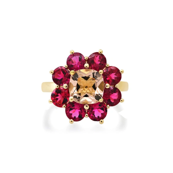 Jennifer Meyer Statement Rubellite Flower Ring with Morganite Center in 18K Yellow Gold | Fine Rings | Coveti