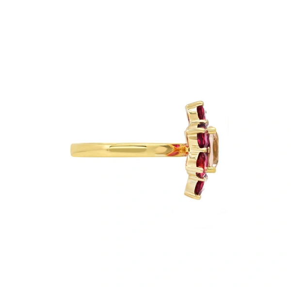 Jennifer Meyer Statement Rubellite Flower Ring with Morganite Center in 18K Yellow Gold | Fine Rings | Coveti