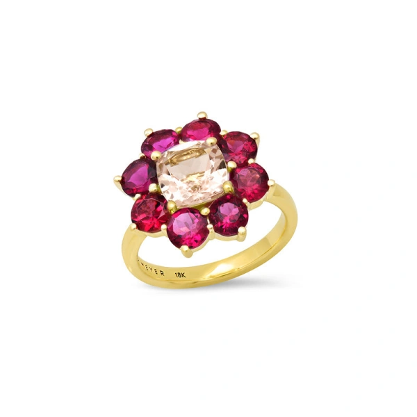 Jennifer Meyer Statement Rubellite Flower Ring with Morganite Center in 18K Yellow Gold | Fine Rings | Coveti