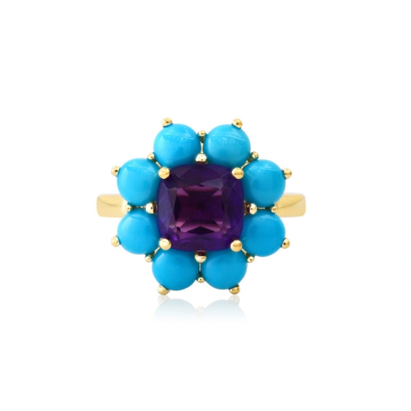 Jennifer Meyer Statement Turquoise Flower Ring with Amethyst Center in 18K Yellow Gold | Fine Rings | Coveti