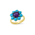 Jennifer Meyer Statement Turquoise Flower Ring with Amethyst Center in 18K Yellow Gold | Fine Rings | Coveti