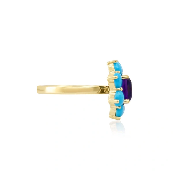 Jennifer Meyer Statement Turquoise Flower Ring with Amethyst Center in 18K Yellow Gold | Fine Rings | Coveti