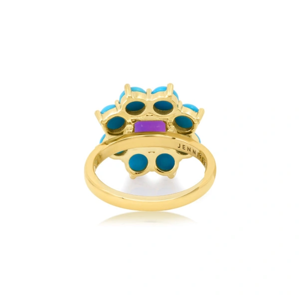 Jennifer Meyer Statement Turquoise Flower Ring with Amethyst Center in 18K Yellow Gold | Fine Rings | Coveti