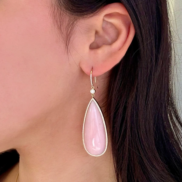 Jennifer Meyer Teardrop Pink Opal Cabochon Earrings with Diamonds in 18K Yellow Gold | Fine Earrings | Coveti