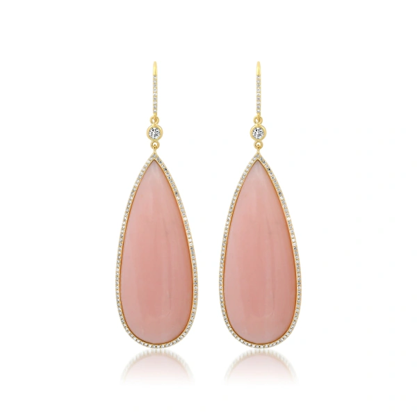 Jennifer Meyer Teardrop Pink Opal Cabochon Earrings with Diamonds in 18K Yellow Gold | Fine Earrings | Coveti