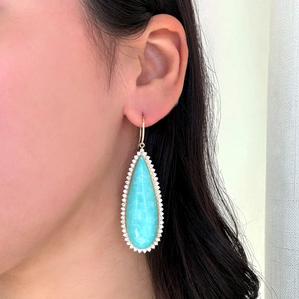 Jennifer Meyer Teardrop Turquoise Cabochon Earrings with Diamonds in 18K Yellow Gold | Fine Earrings | Coveti