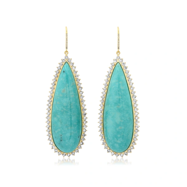 Teardrop Turquoise Cabochon Earrings with Diamonds in 18K Yellow Gold