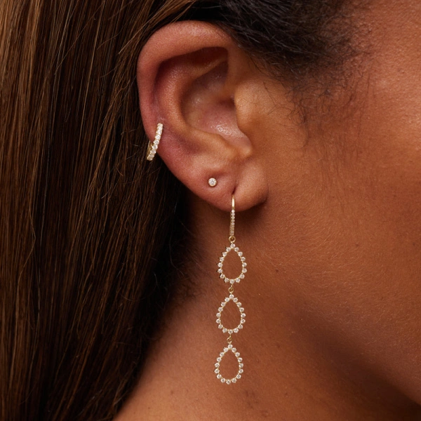 Jennifer Meyer Triple 3 Prong Diamond Mini Open Teardrop Earrings in 18K Yellow Gold | Fine Earrings | Coveti