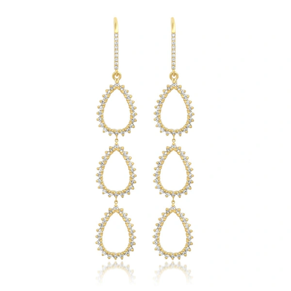 Jennifer Meyer Triple 3 Prong Diamond Mini Open Teardrop Earrings in 18K Yellow Gold | Fine Earrings | Coveti